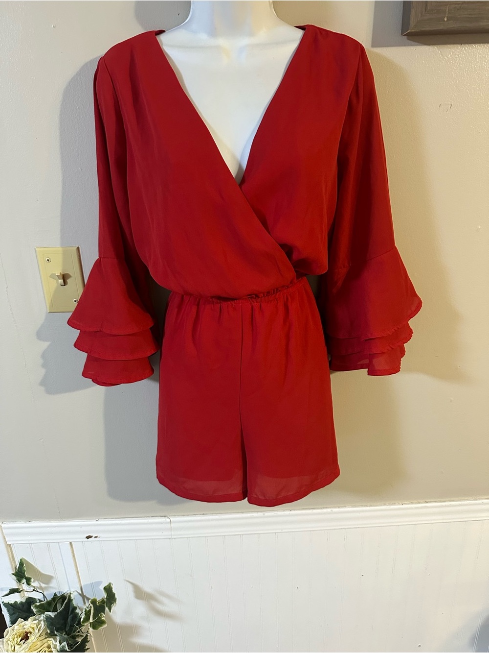 As U Wish Red Surplice Ruffled Sleeve Romper